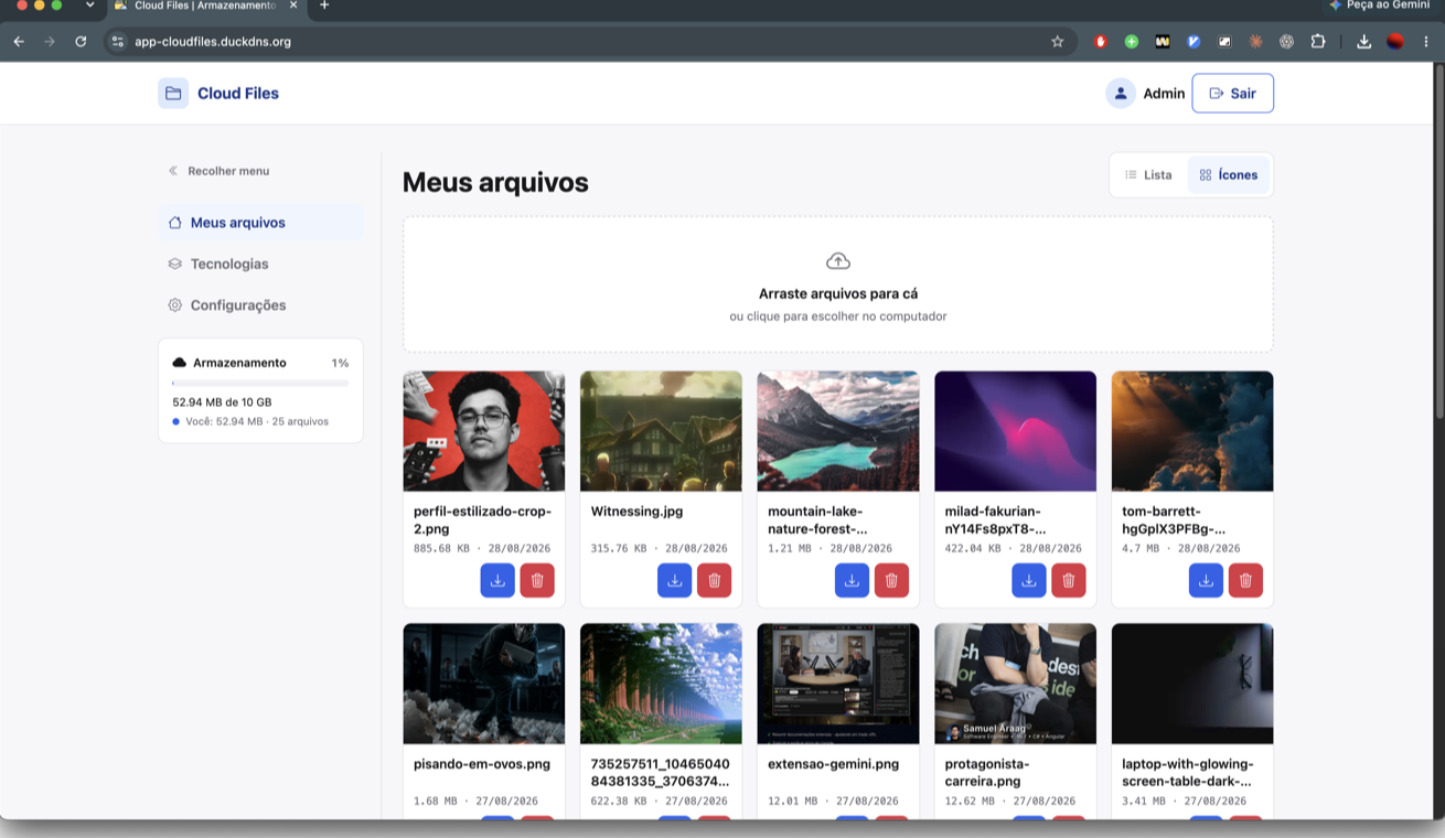 Tela de arquivos do Cloud Files em modo ícones, com a área de arrastar e soltar acima da lista